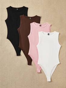 SHEIN EZwear 4件套女士黑色、深棕色、粉色、白色圆领连体衣，适合夏季穿着 - 彩色 - 查看 4
