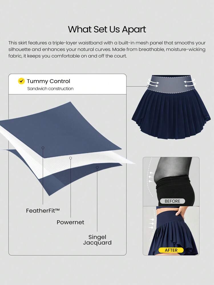 Ace Flex Tummy Control Pleated Tennis Skirt With Built-In Shorts Side Pockets Tennis Golf Daily Spring Summer