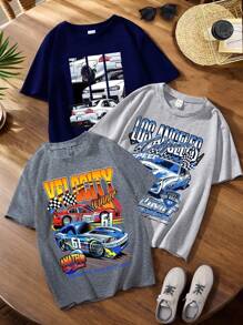 SHEIN 3pcs/Set Teen Boys Casual Costume Tween Street Sporty Collegiate Print Graphic Round Neck Short Sleeve T-Shirts Outfit, Multi Color, Spring/Summer/Autumn - Multicolor - View 3