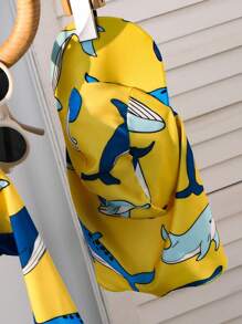 SHEIN 2 件套年轻男孩度假可爱卡通印花撞色长袖防晒衣和帽子套装，适合海滩、泳池、春夏季节