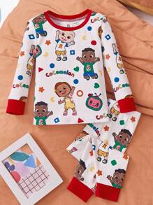 CoComelon X SHEIN 男宝宝卡通西瓜图案可爱休闲长袖T恤和打底裤睡衣套装