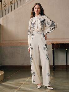 Anewsta Set de 2 piezas de blusa de manga larga con cuello retorcido y pantalones con estampado floral elegante para mujer - Multicolor - Ver 6