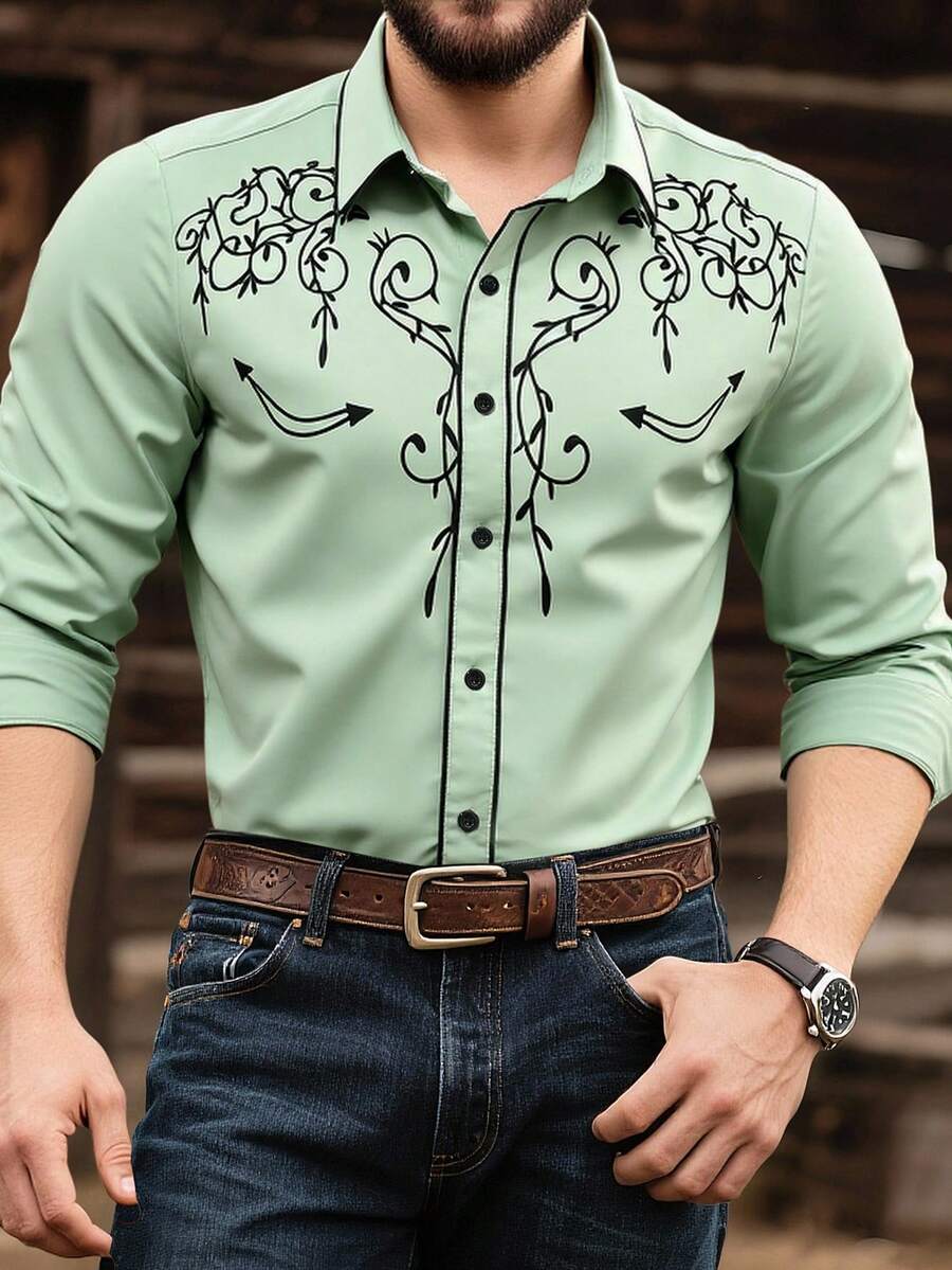 Manfinity Homme Men's Casual Retro Print Long Sleeve Shirt, Fall - Green - View 1