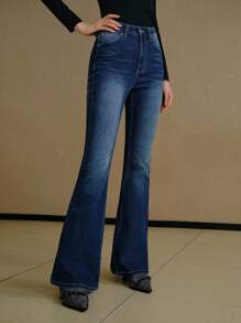 MOTF PREMIUM RHINESTONE FLAP POCKET FLARE LEG JEANS WITHOUT BELT - Blue - View 4