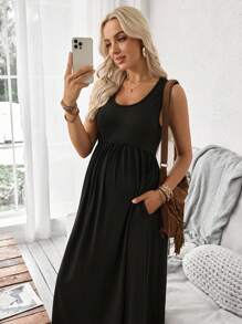 SHEIN Vestido de maternidad de línea A con bolsillos asimétricos de unicolor - Negro - Ver 7
