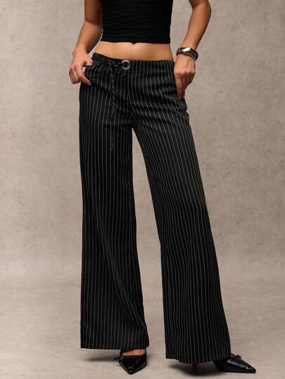 SHEIN BAE Pantalones anchos de pierna casual y simple con decoración de ojales y tirantes de cintura baja a rayas negras, para uso versátil en la oficina, salidas, estilo de dinero antiguo, casual de negocios, ropa de maestra, elegante para mujeres