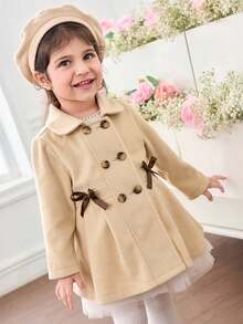 SHEIN Baby Girl Khaki Color Lapel Butterfly Winter Coat With Hat, Versatile - Camel - View 5
