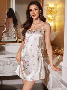 LuxeNights Camisón de satén sin mangas con estampado floral para mujer, lencería de lujo - Albaricoque - Ver 4