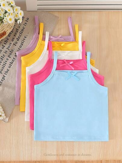 SHEIN 5pcs/Pack Girls Casual Milk Silk Fabric Simplistic Spaghetti Strap Camisole With Bow, Comfortable Layering Knit Top Kitty Love Summer Outfits Back To School Essentials Kids Girls Summer Clothes Young Girl Summer Outfits Tops For Girls Tops For Girls Kids Fall Winter