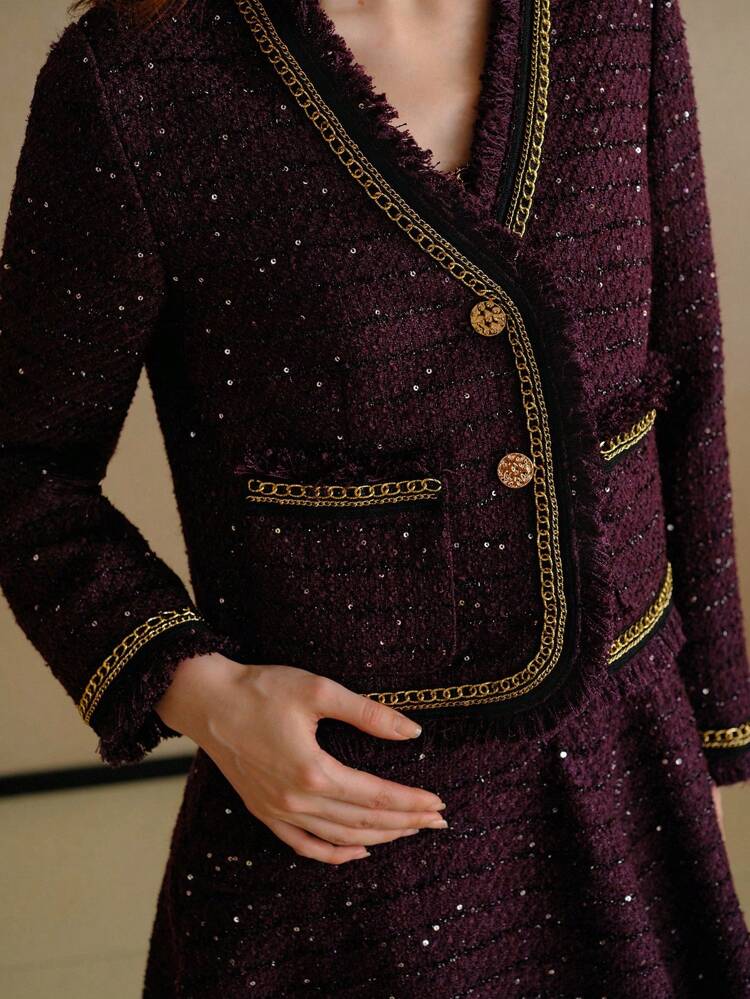TWEED SEQUINS CONTRAST CHAIN TAPE TRIM RAW EDGE JACKET