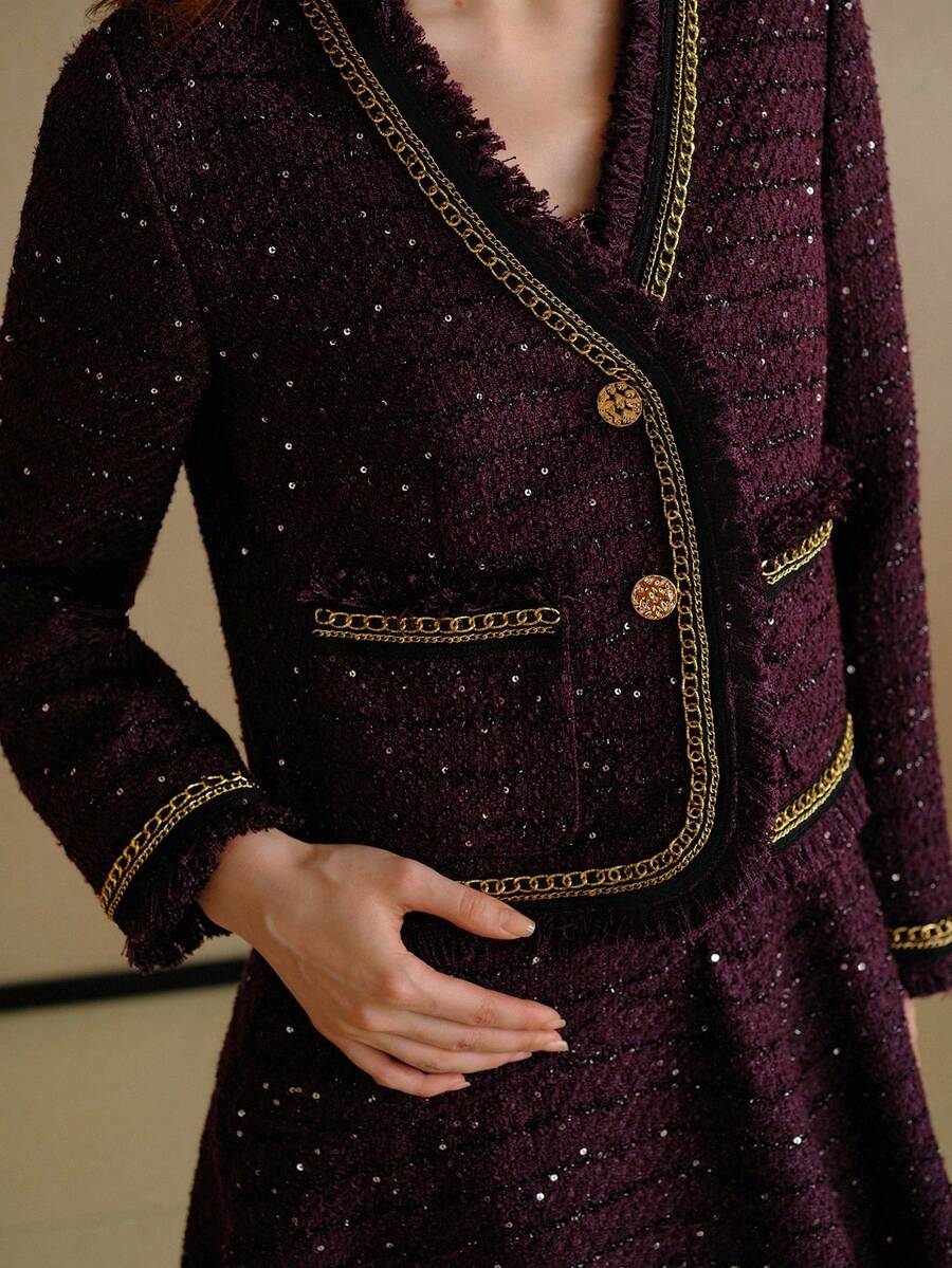 MOTF PREMIUM 粗花呢亮片撞色链条饰带毛边夹克 - 酒紅色 - 查看 2