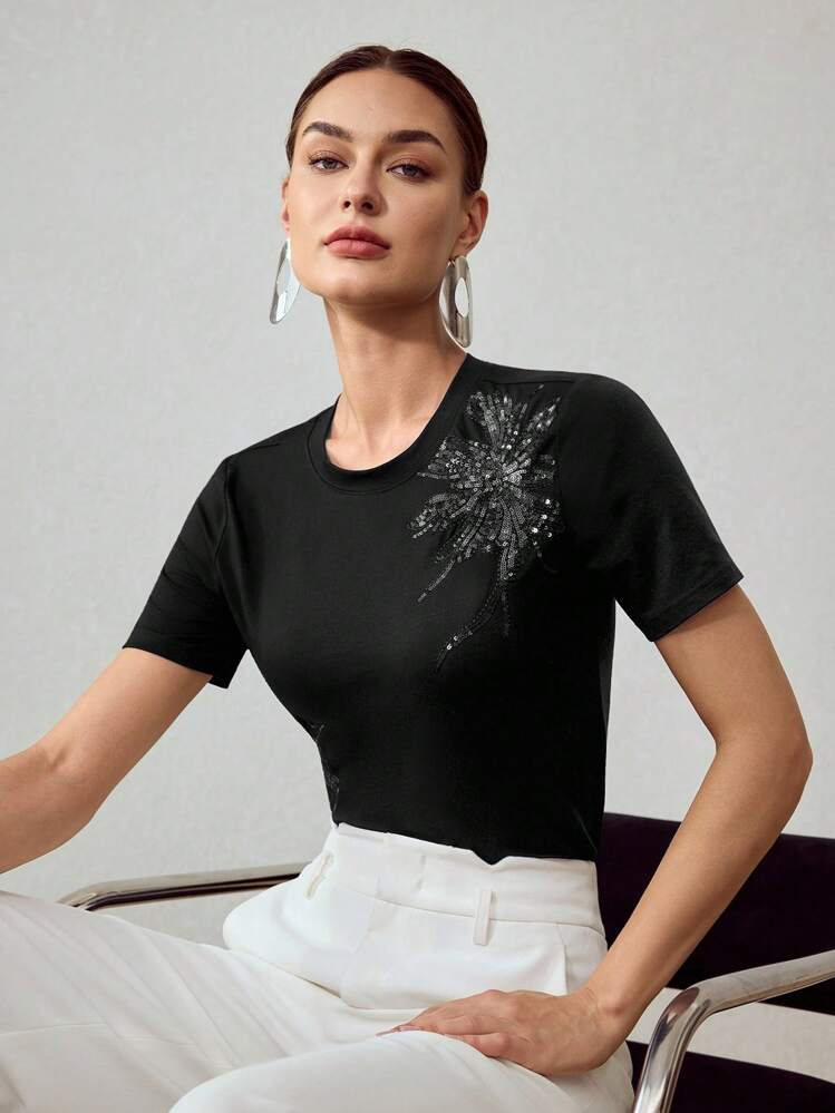 MOTF PREMIUM CAMISETA DE MANGA CORTA CON CONTRASTE DE LENTEJUELAS - Negro - Añade 7