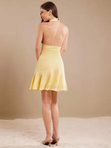 L'Amorae Butter Yellow Crochet Sleeveless Halter Ruched Asymmetric Mini Summer Dress