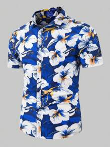 Manfinity RSRT 男士热带植物印花短袖衬衫，适合休闲运动、日常通勤、度假和返校，是男朋友、老公和情侣装的首选男士夏威夷衬衫 - 藍色 - 查看 3