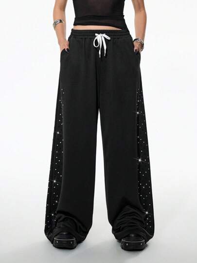 StreetHx 女式哥特复古水晶缀饰阔腿运动裤