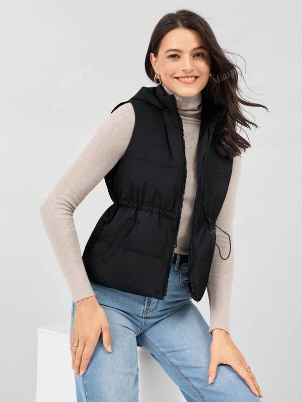 Miaspire Vestă cu glugă și fermoar cu șnur în talie, neagră, casual