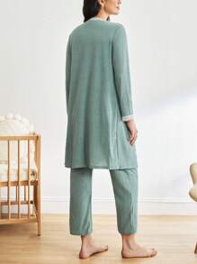 BloomMama 3pcs Maternity Sleepwear Set: Nursing-Friendly Camisole Top & Pants + Lace Splice Long Sleeve Outerwear  Cozy And Elegant Details, Clothes, Fall & Winter - Green - View 3