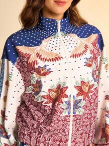 CAJUNI 女式波西米亚风花卉、植物和鸟类印花高领长袖拉链轻便度假夹克，秋冬 - 彩色 - 查看 5