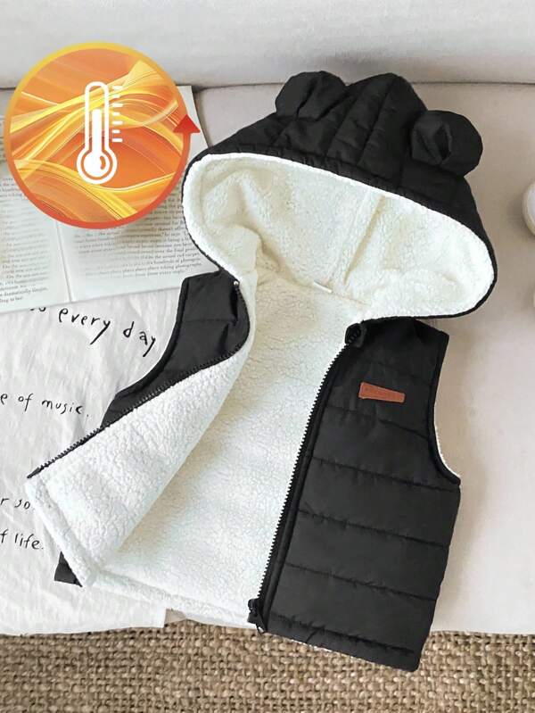 SHEIN Playful Pals Chaleco acolchado cálido de invierno para niños pequeños con capucha con orejitas, cierre con cremallera frontal, adecuado para ir al trabajo, la escuela, casual, vacaciones, deportes, hogar, de 6 meses a 3 años, ropa para bebés, chaqueta para bebés, chaleco para bebés, sudadera con capucha para bebés