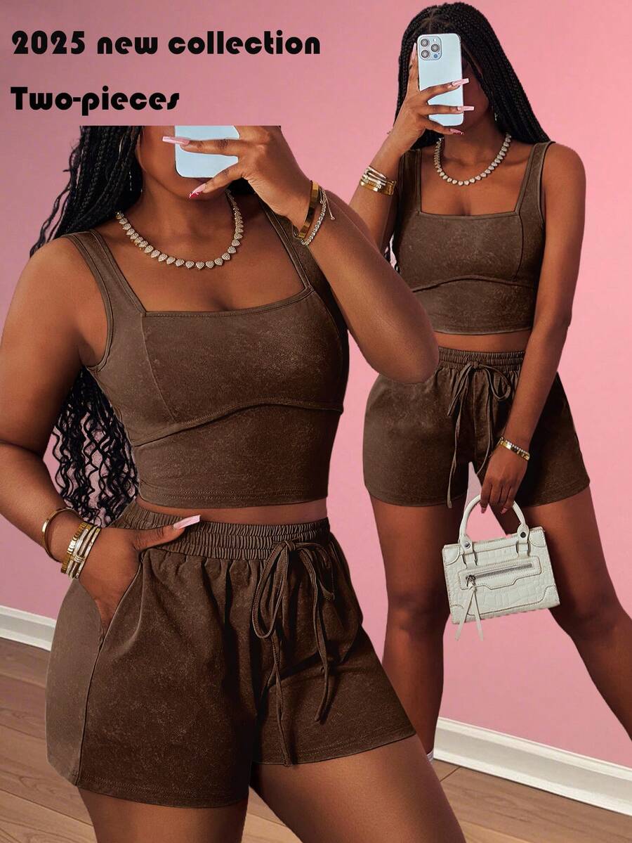 Slaydiva Nuevo conjunto de 2 piezas para verano: Camiseta sin mangas de cuello cuadrado casual y básica, y shorts ajustados con cordones, rayas, bolsillos, cremallera invisible, textura con efecto lavado ácido, para festival de música, Pascua, uso diario, vacaciones, crucero, playa, tomar el sol, estilo callejero, color verde, para mujer - Marrón - Ver 1
