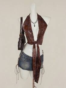 SHEIN ICON 女士性感花卉印花露背金属环吊带背心系带上衣秋季女装 - 咖啡棕 - 查看 4