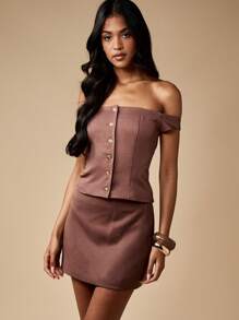 MISSGUIDED Bardot Off Shoulder Button Front Corset Style Top Mini Skirt Set Professional Elegant Office Party Wedding Guest Two Piece Outfit - Brown - View 1