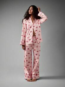 AiiRZ 夏季棉质贝壳印花睡衣套装长袖纽扣领上衣搭配同款裤子海滩家居服睡衣睡衣海岸系列 - 粉色 - 查看 1