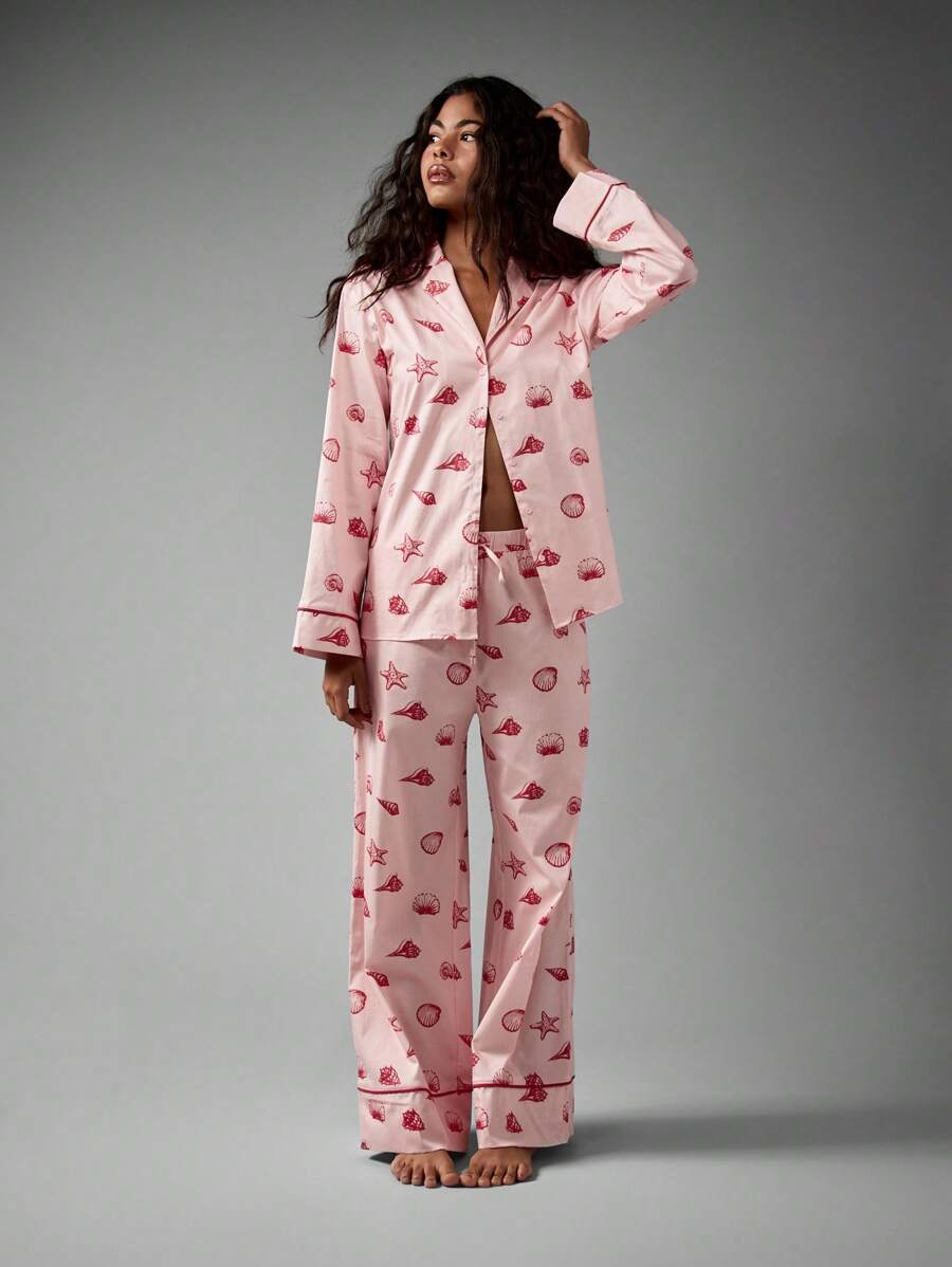 AiiRZ 夏季棉质贝壳印花睡衣套装长袖纽扣领上衣搭配同款裤子海滩家居服睡衣睡衣海岸系列 - 粉色 - 查看 1