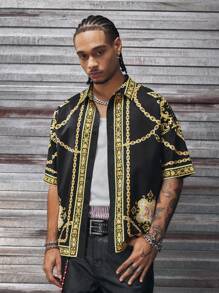 AXEPEAK 男士夏季度假休闲链条印花落肩宽松衬衫