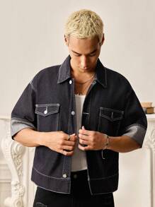 SWAVVY Áo sơ mi denim phong cách công sở thường ngày cho nam - Màu xanh lam - Xem 4