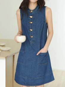 K-Vae 秋季韩式休闲牛仔连衣裙、返校节礼服、女士秋季服装、复古风格女装 - 中等水洗藍 - 查看 4