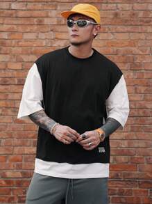 DAZY 男士拼接撞色黑白二合一T恤，带标签设计，夏季 - 黑與白 - 查看 1