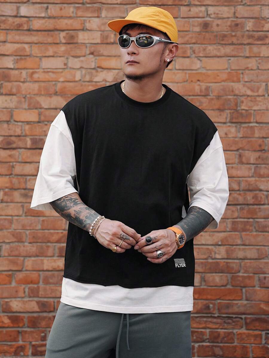 DAZY 男士拼接撞色黑白二合一T恤,带标签设计,夏季 - 黑與白 - 查看 1