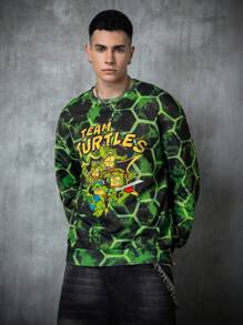 TEENAGE MUTANT NINJA TURTLES | SHEIN 男士休闲街头卡通字母超大落肩宽松套头衫，夏季 - 綠色 - 查看 5