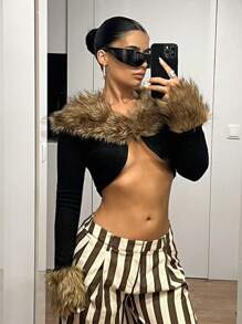 SHEIN ICON 性感人造毛領拼接長袖修身短版夾克 毛飾短上衣 秋季夜店外訪黑色 - 黑色 - 查看 3
