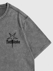 ROMWE MEN Grunge Punk 男士夏季标语和五角星印花短袖运动衫，2000 年代风格 - 灰色 - 查看 3