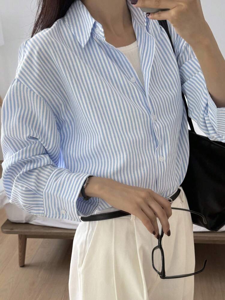Fashionable Minimalist Versatile Long Sleeve Striped Shirt,Fall Women Clothes