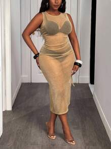 Slaydiva 2025春夏新款女装大型毕业派对/音乐节/约会/派对/CLUB/秋季/返校/开学服/Y2K/上班/办公/郊游服/机场服/街头风/朋克/颓废/都市度假修身卡其色亮丝面料圆领无袖高开叉吊带抽绳透视中长连衣裙-B