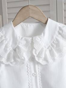 SHEIN Young Girl Casual Plain Peter Pan Collar Button-Up Shirt For Daily Wear Fall Winter - White - View 5