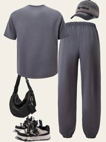 2 buc/set casual stil stradă adolescenți băieți tricou și pantaloni scurți cu mânecă scurtă, croială lejeră, imprimeu grafic, guler rotund