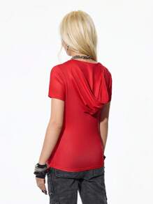 SHEIN HypeZone Áo thun tay ngắn có mũ thời trang ngoài trời cá tính dành cho nữ, mùa hè - Đỏ - Xem 3