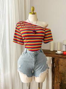 SHEIN CovetEZ Plus Size Colorful Striped Asymmetrical Collar Casual Bodysuit, Summer - Multicolor - View 5