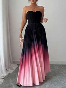 Elenzga 大码女式优雅渐变色褶皱抹胸连衣裙 - 彩色 - 查看 1