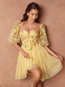 SHEIN Unity Women's Square Neck Puff Sleeve Embroidered Floral Short Dress, Spring/Summer - Yellow - View 3
