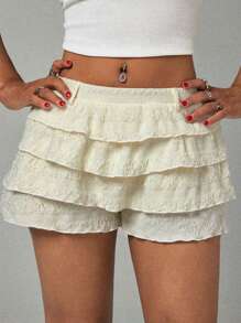 SHEIN PETITE Women's Jacquard Multilayer Ruffle Hem Skorts Shorts - Apricot - View 3