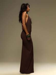 MUSERA Đầm maxi cổ yếm khoét sâu gợi cảm, trang phục đi nghỉ mát mùa hè, lễ hội, phong cách Y2K, đầm hè cho nữ, kỳ nghỉ biển Ibiza, dự đám cưới, tiệc tối thanh lịch, Halloween mùa thu, tiệc tốt nghiệp, đầm dài sang trọng - màu nâu - Xem 3