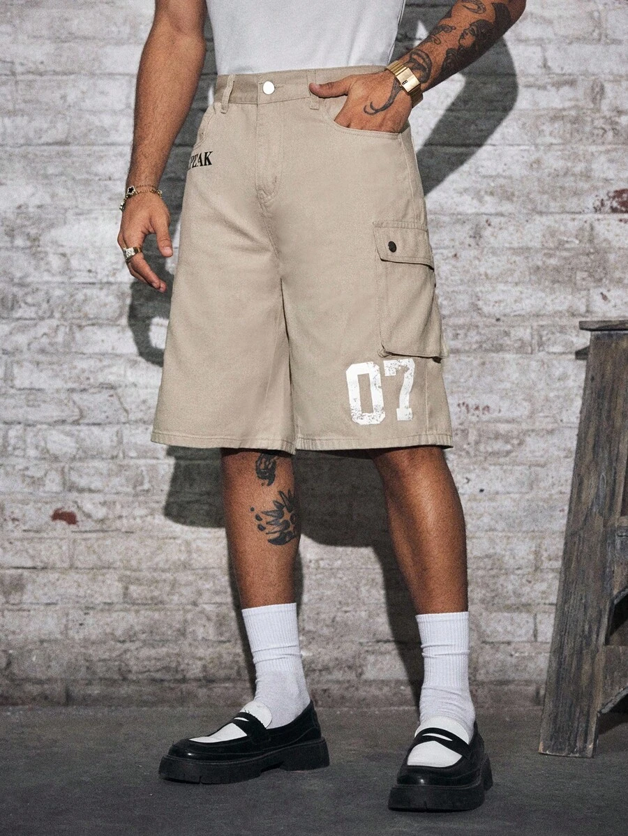 AXEPEAK Pantalones cortos tipo cargo de corte holgado y casual con estampado numérico para hombre - Caqui - Ver 1