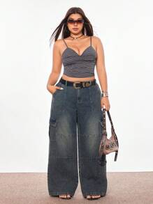 Rina Fox Plus Size Vintage American Streetwear Multi-Pockets Low-Waist Cargo Denim Jeans