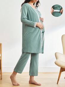 BloomMama 3pcs Maternity Sleepwear Set: Nursing-Friendly Camisole Top & Pants + Lace Splice Long Sleeve Outerwear  Cozy And Elegant Details, Clothes, Fall & Winter - Green - View 2