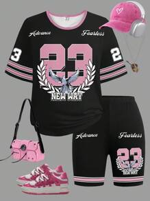 Sparklyn Bộ 2 chiếc/Bộ áo thun cổ tròn in họa tiết chim bồ câu trắng tương phản màu sắc cho bé gái tuổi teen và quần short bó dệt kim màu đen, Bộ đồ thể thao thời trang đường phố mùa hè - trắng - Xem 3